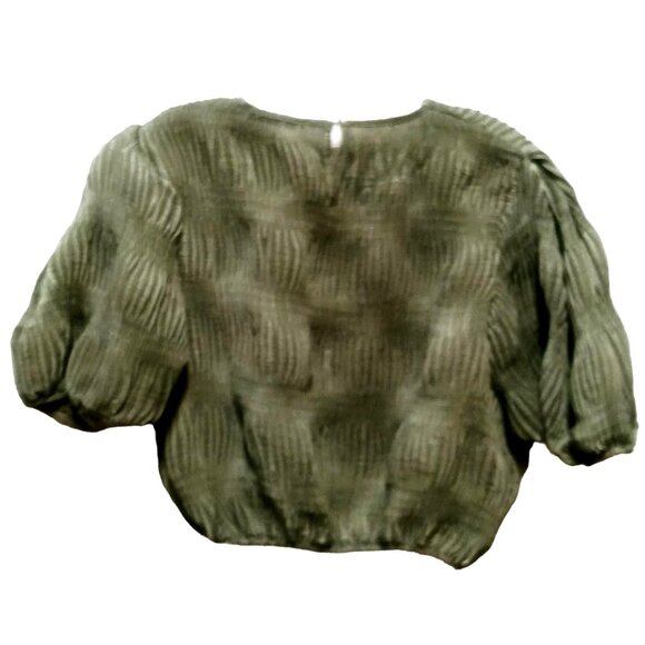 Zara Women's Shirt Size Medium Olive Green Crop Top Textured Puff Sleeve Top - Picture 2 of 9